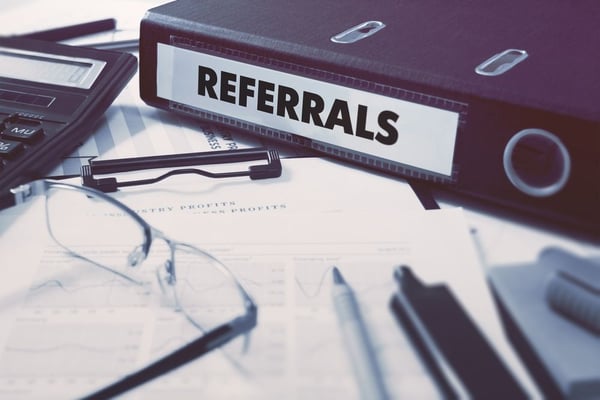 Referrals - Ring Binder on Office Desktop with Office Supplies. Business Concept on Blurred Background. Toned Illustration.-1