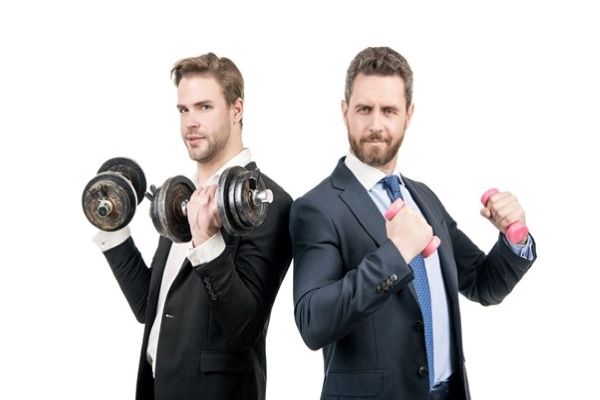 two-man-wearing-formal-attire-holding-dumbbells
